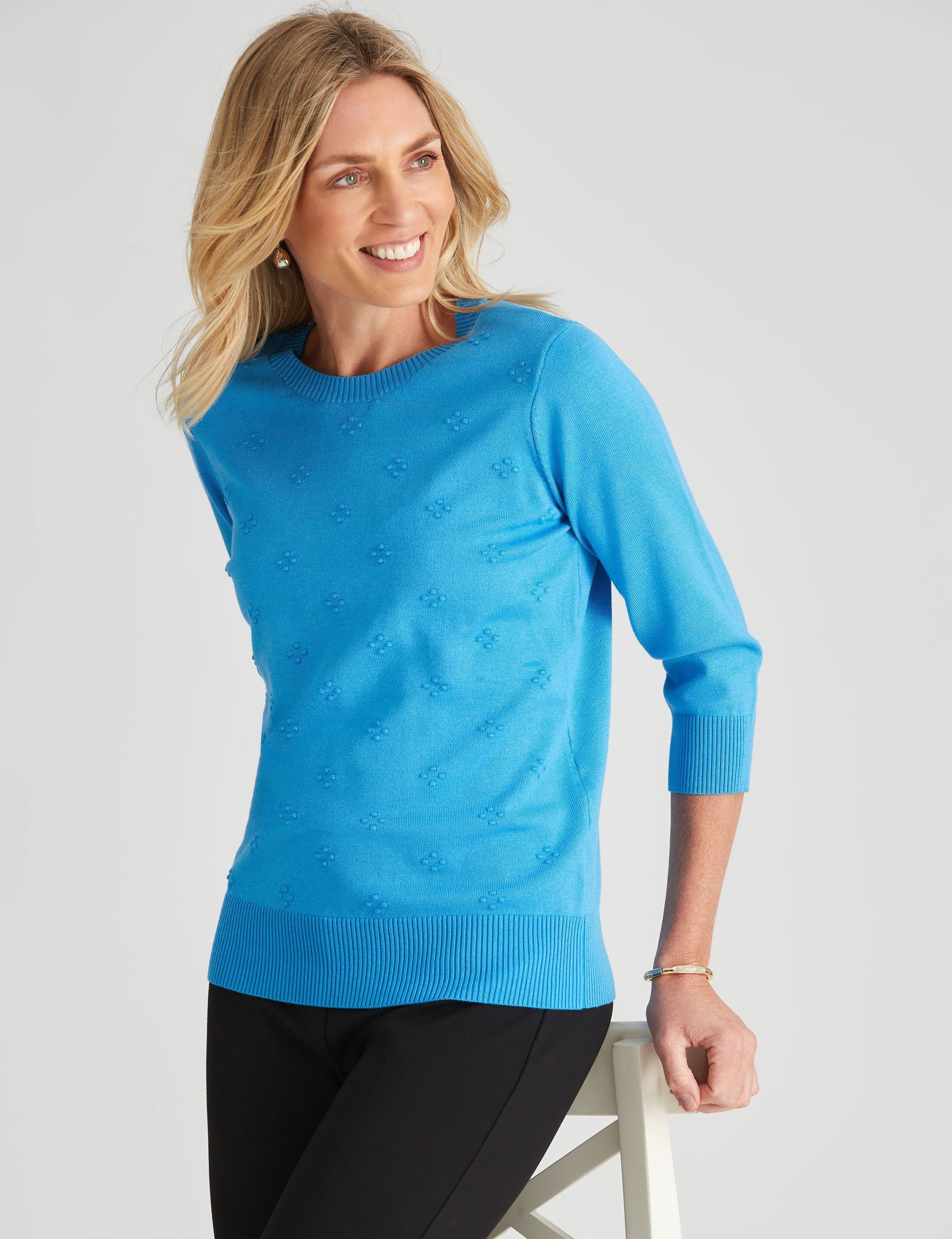 NONI B - Womens Jumper - Regular Winter Sweater - Blue Pullover - Textured - Knitwear - 3/4 Sleeve - Malibu Blue - Crew Neck - Warm Work Clothing