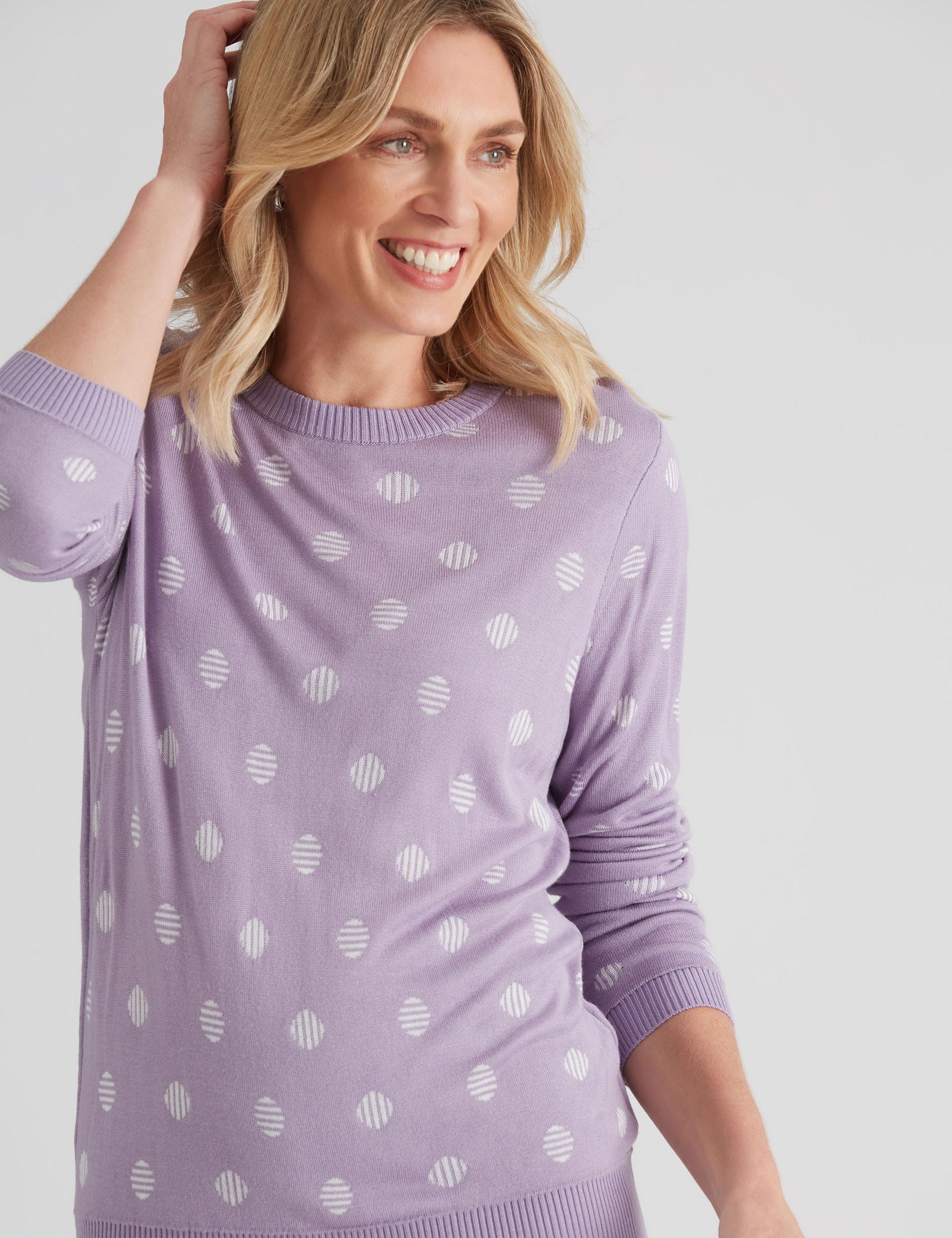 NONI B - Womens Jumper - Regular All Season Sweater - Purple Pullover - Design - Knitwear - Sleeveless - Polkadot - Oversized - Square Neck Work Wear