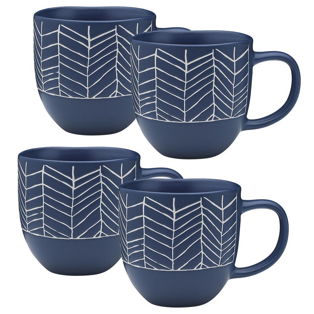 4x Ecology Dwell Herringbone Glazed Drinking Mug/Teacup Stoneware 340ml Blue