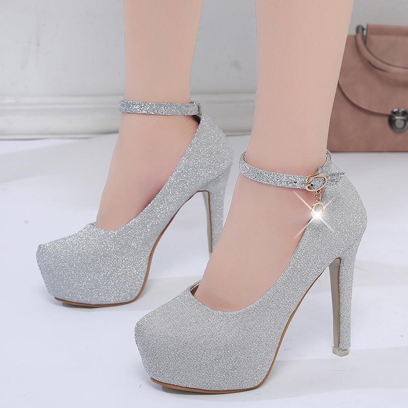 Summer female shoes low-top shoes Korean fashion students shallow mouth round head high heels Silver/38