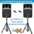 E-Lektron UHF38-MS 1800W 15" inch Bluetooth Wireless linkable Loud Portable PA Speakers Sound System Recoding incl.4 Mics and Stands