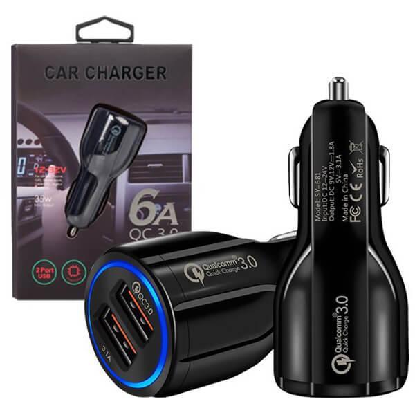 QC3.0 35W 2 USB Ports 6A Fast Charging Car Charger Quick Charge Mobile Phone Charger for iPhone Samsung Nokia Oppo Moto Google (Black)