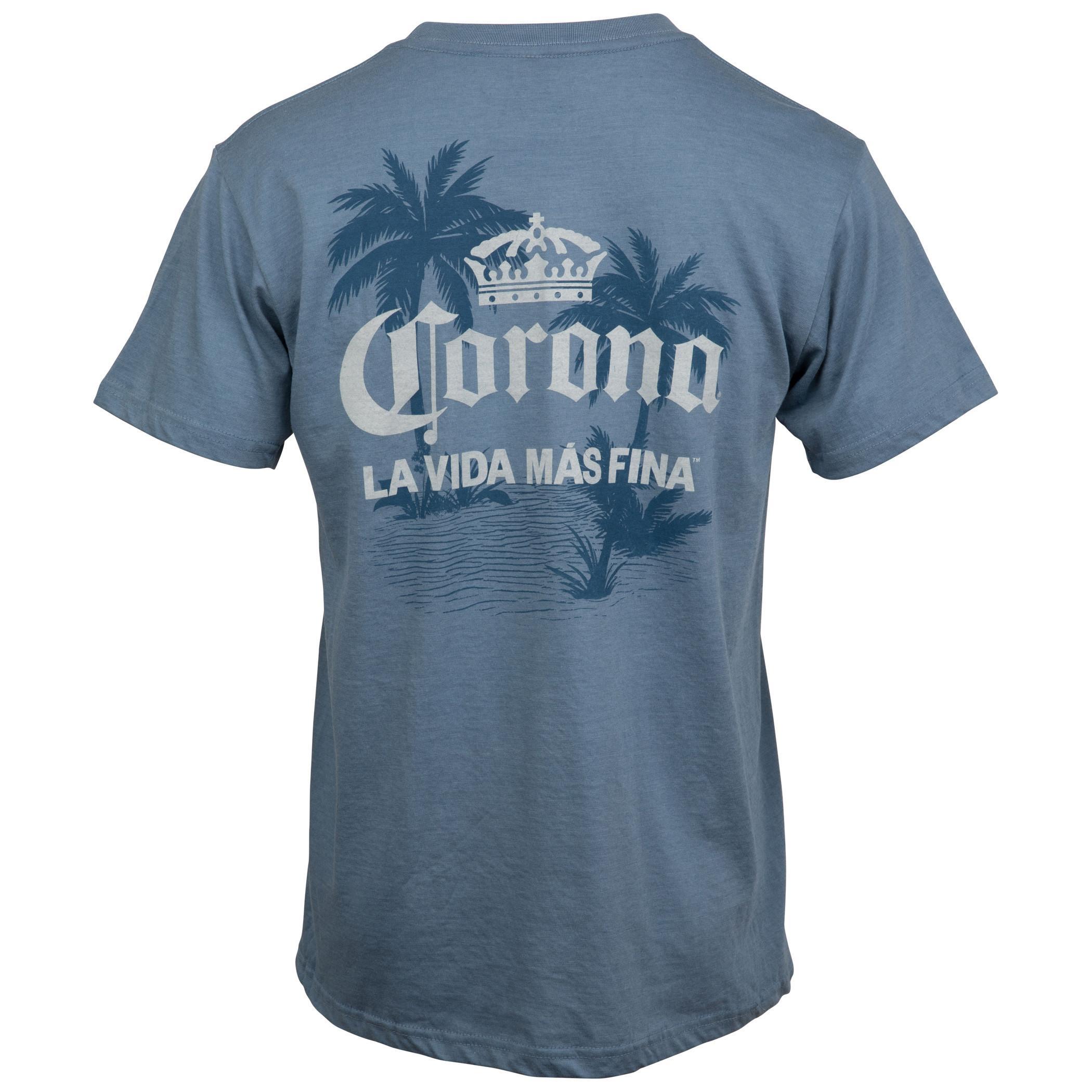 Corona Extra La Vida Mas Fina Palm Trees Front and Back Print T-Shirt Large