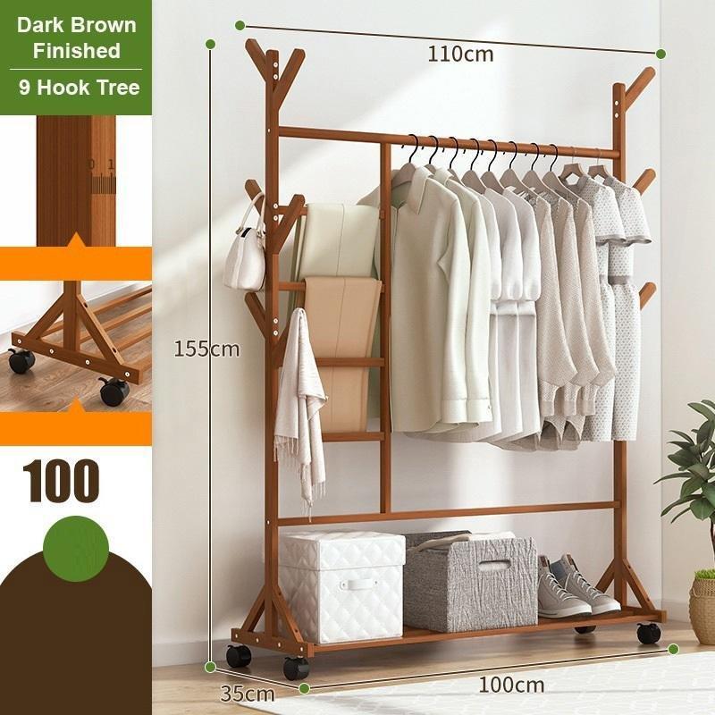 【Sale】Portable Coat Stand Rack Rail Clothes Hat Garment Hanger Hook with Shelf Bamboo 9 Hook with Rack Rail Dark Brown Finished