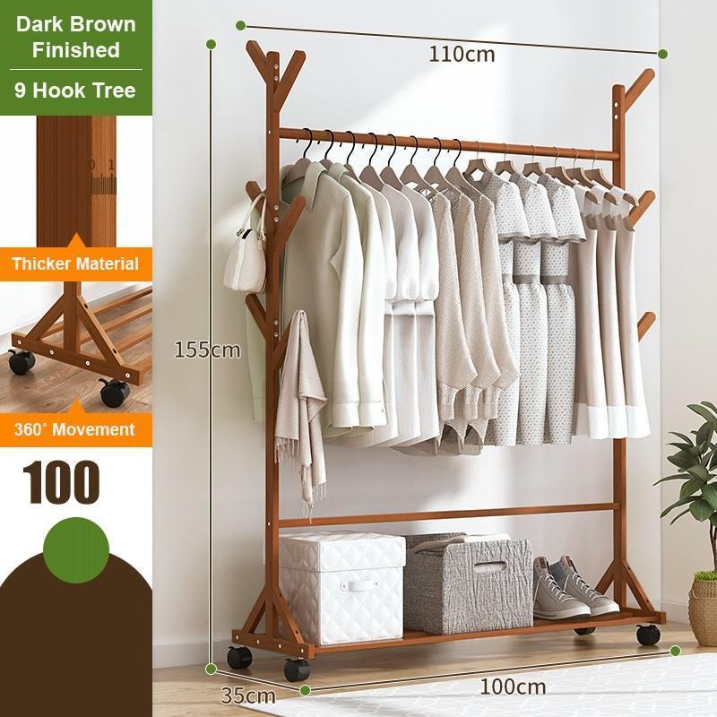 【Sale】Portable Coat Stand Rack Rail Clothes Hat Garment Hanger Hook with Shelf Bamboo 9 Hook without Rack Rail Dark Brown Finished