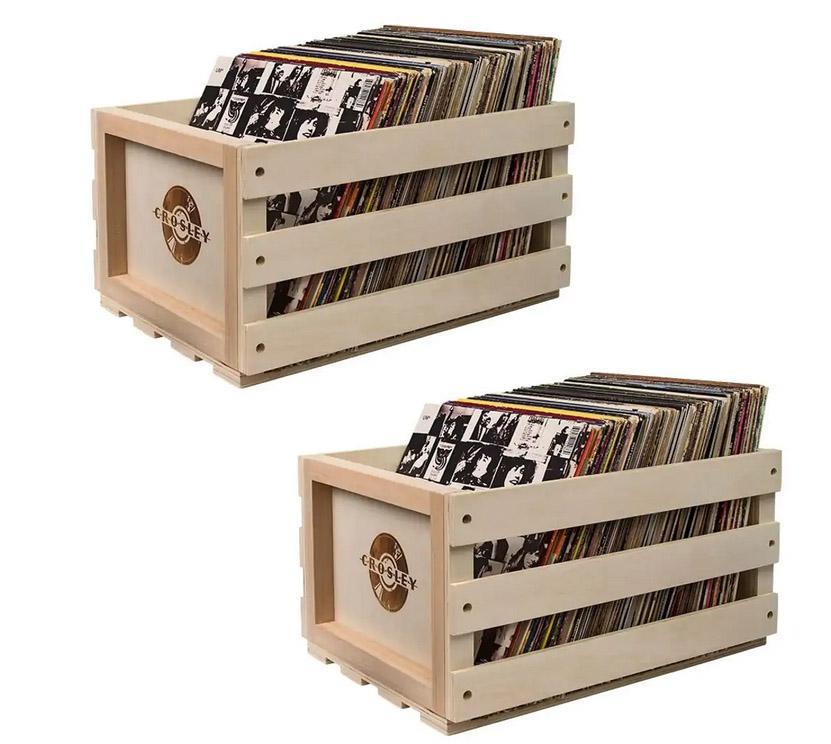 【Sale】Twin Pack Crosley Vinyl LP Record Storage Crate Natural Wood