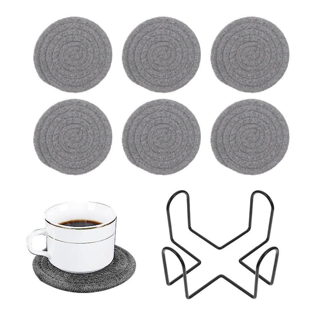 6Pcs Cup Coasters Set Heat Resistant Coaster Braided with Holder Deep Grey