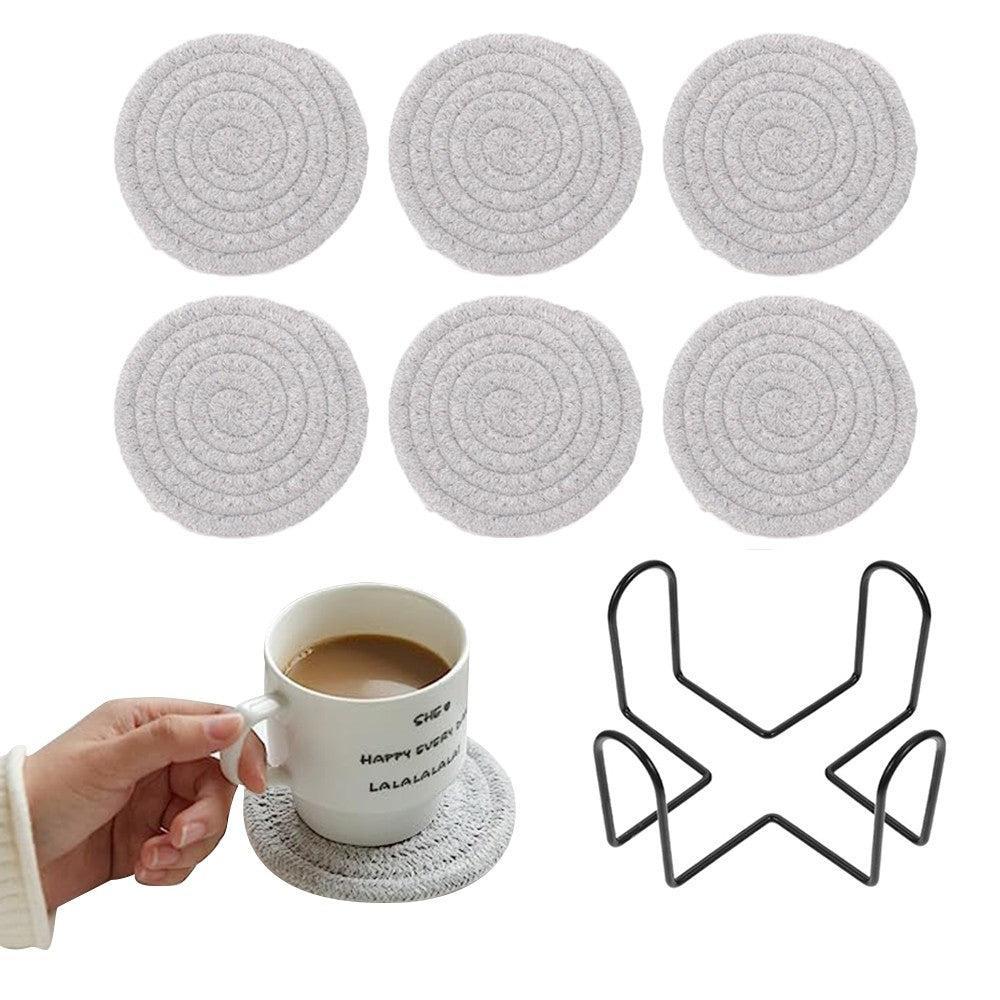 6Pcs Cup Coasters Set Heat Resistant Coaster Braided with Holder Light Grey