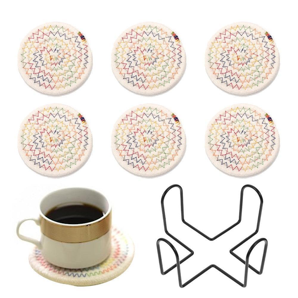 6Pcs Cup Coasters Set Heat Resistant Coaster Braided with Holder Multicolor