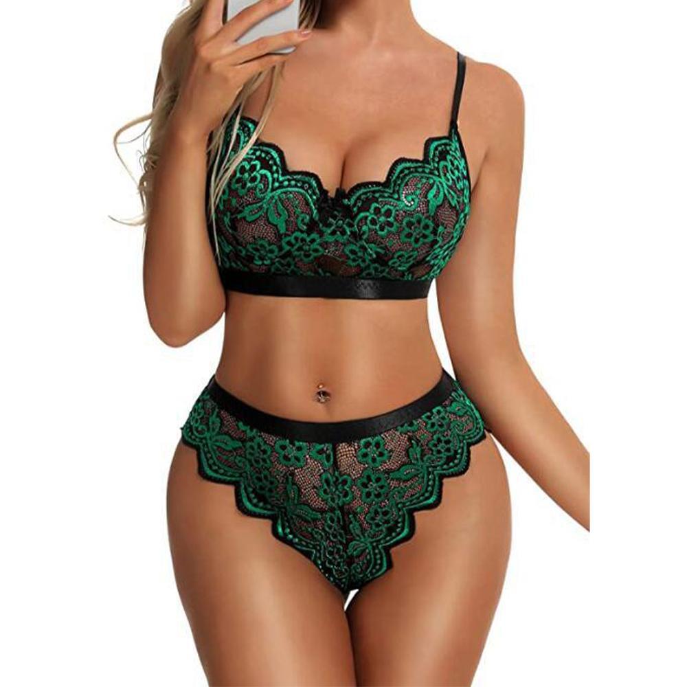 GoodGoods Women Lace Floral Lingerie Push Up Bra Panties Set Babydoll Underwear Nightwear(Green, XL)