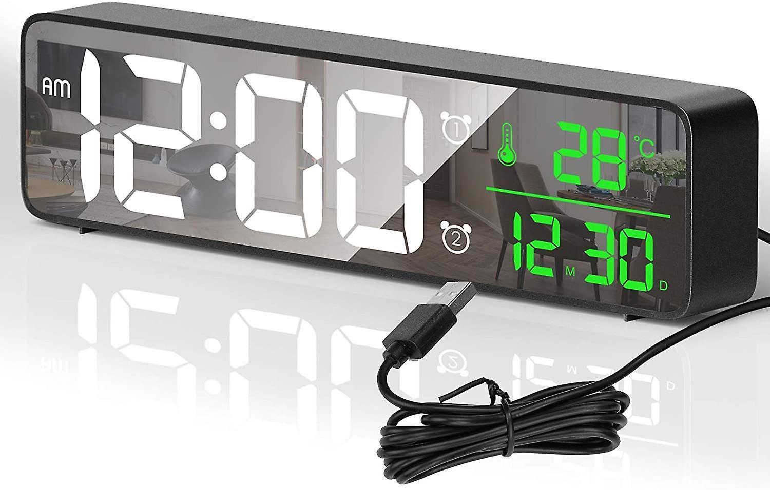 Digital Alarm Clock, LED Digital Clock Mirror Alarm Clock with 42 Sounds, Temperature and Date, Big Screen Brightness Adjusted LED Wall Clock,Black