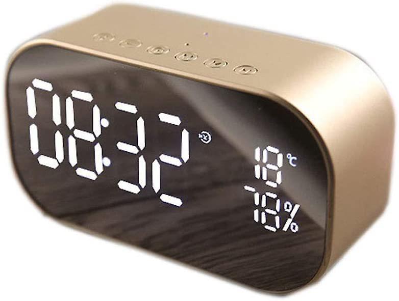Wireless Bluetooth LED Alarm Clock - Double speaker with mirror surface - Time reminder - Room decoration,Gold