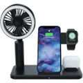 5-in-1 Wireless Charging Station, Portable Wireless Charging Stand Dock with Mini Handheld Fan for Multiple Devices with LED Lights, Fast Wireless Charger Base for iPhone/IWatch/Airpods Pro,（black）