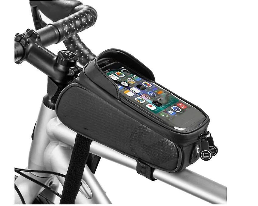 Bicycle Front Top Tube Pouch Bike Phone Mount Pack Cycling Handlebar Bag with TPU Touch Screen Sun Visor and Headphone Hole for Smartphone Up to 6.5"(Black)