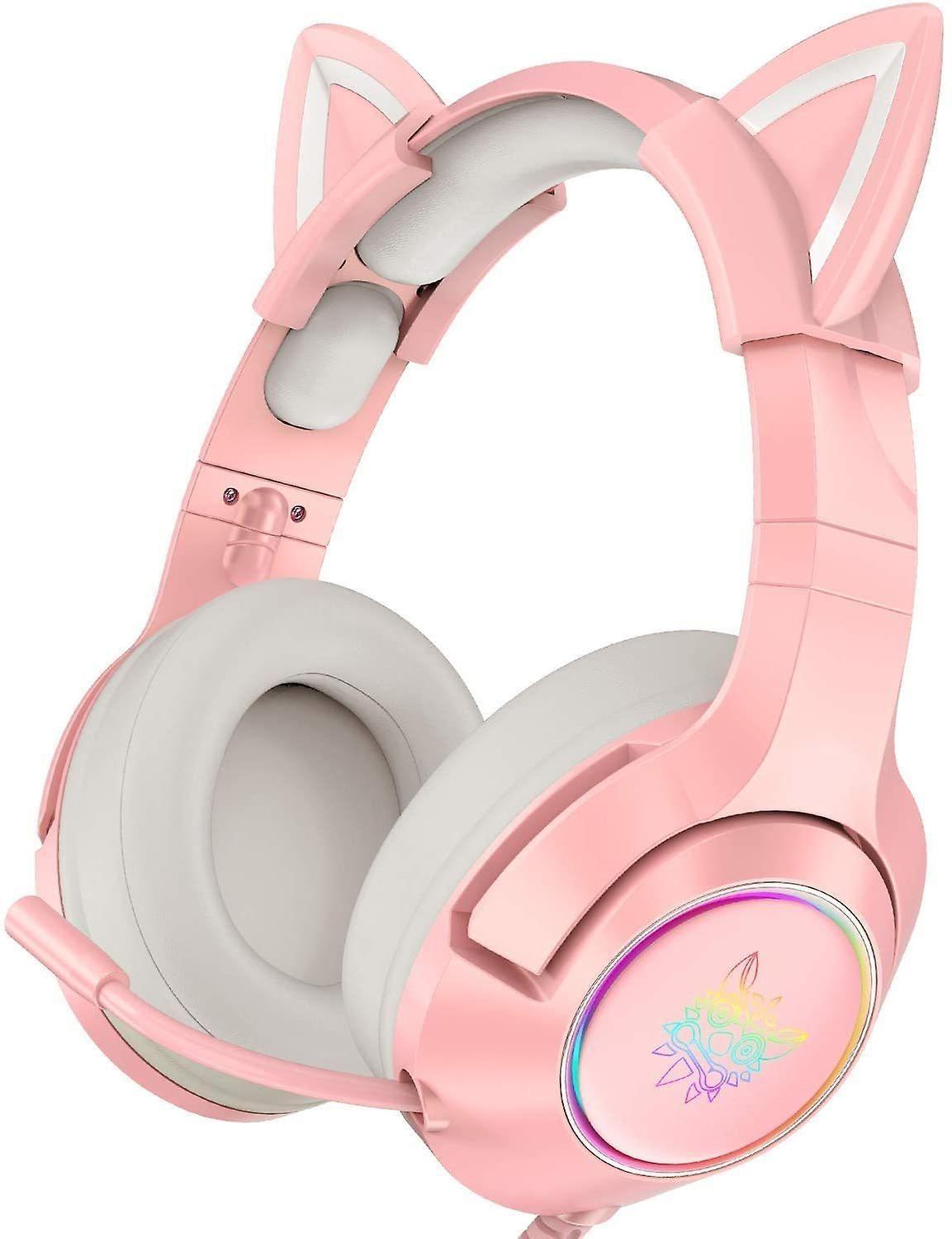 Pink Gaming Headset with Removable Cat Ears, for PS5, PS4, Xbox One (Adapter Not Included), Nintendo Switch, PC, with Surround Sound, RGB LED Light Noise Canceling Retractable Microphone(Pink)