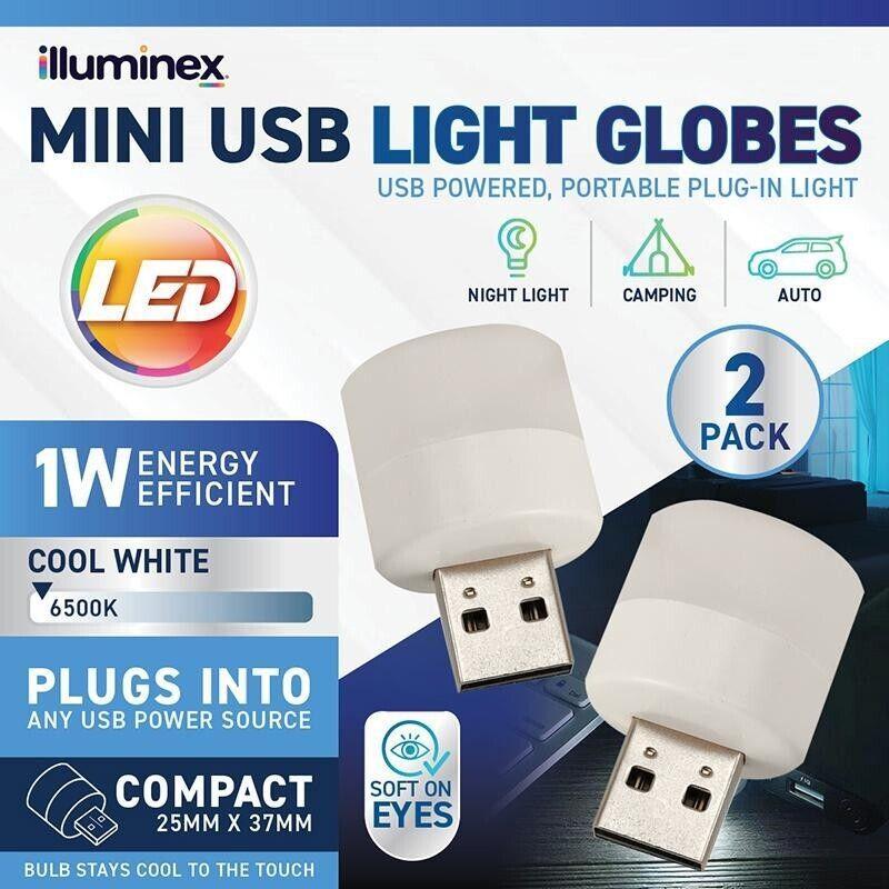 2PK Mini USB Light Globes Charge Adaptor illuminex 0.6W 5V Cool White Compact