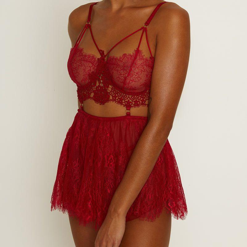 Muse L003RED Lace Cup Babydoll with Floral Applique - Red Eyelash Lace Mesh Lingerie Set