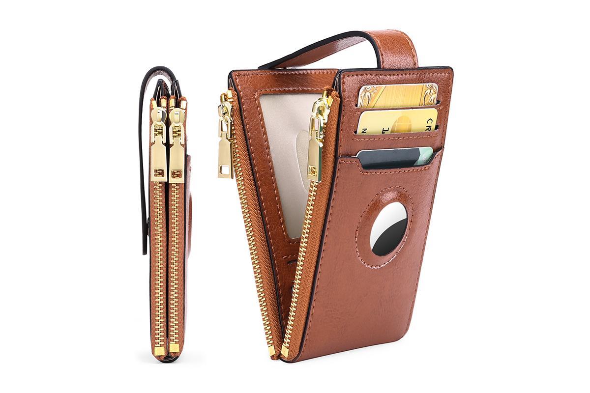 Wallet Bifold Credit Card Holder with Built-in Integrated Case with AirTag Slot -Brown