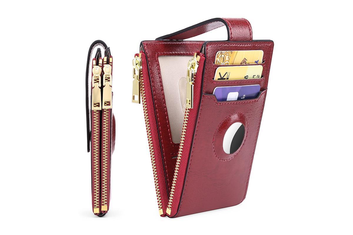 Wallet Bifold Credit Card Holder with Built-in Integrated Case with AirTag Slot -Wine Red