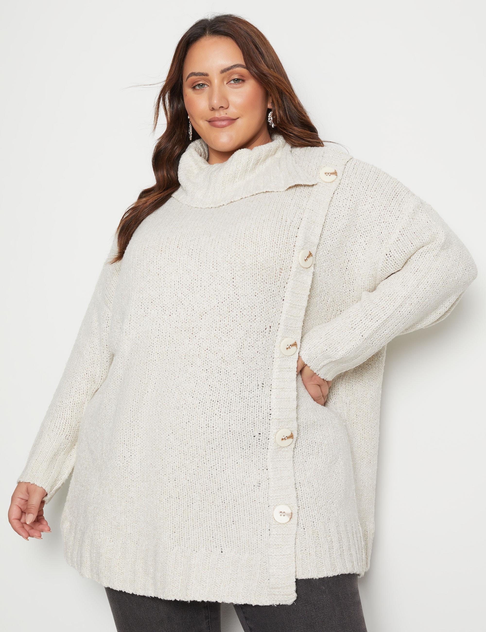 BeMe - Plus Size - Womens Jumper - Long Winter Sweater - Brown Pullover Button - Knitwear - Long Sleeve - Tan White - Relaxed Fit - High Neck - Casual