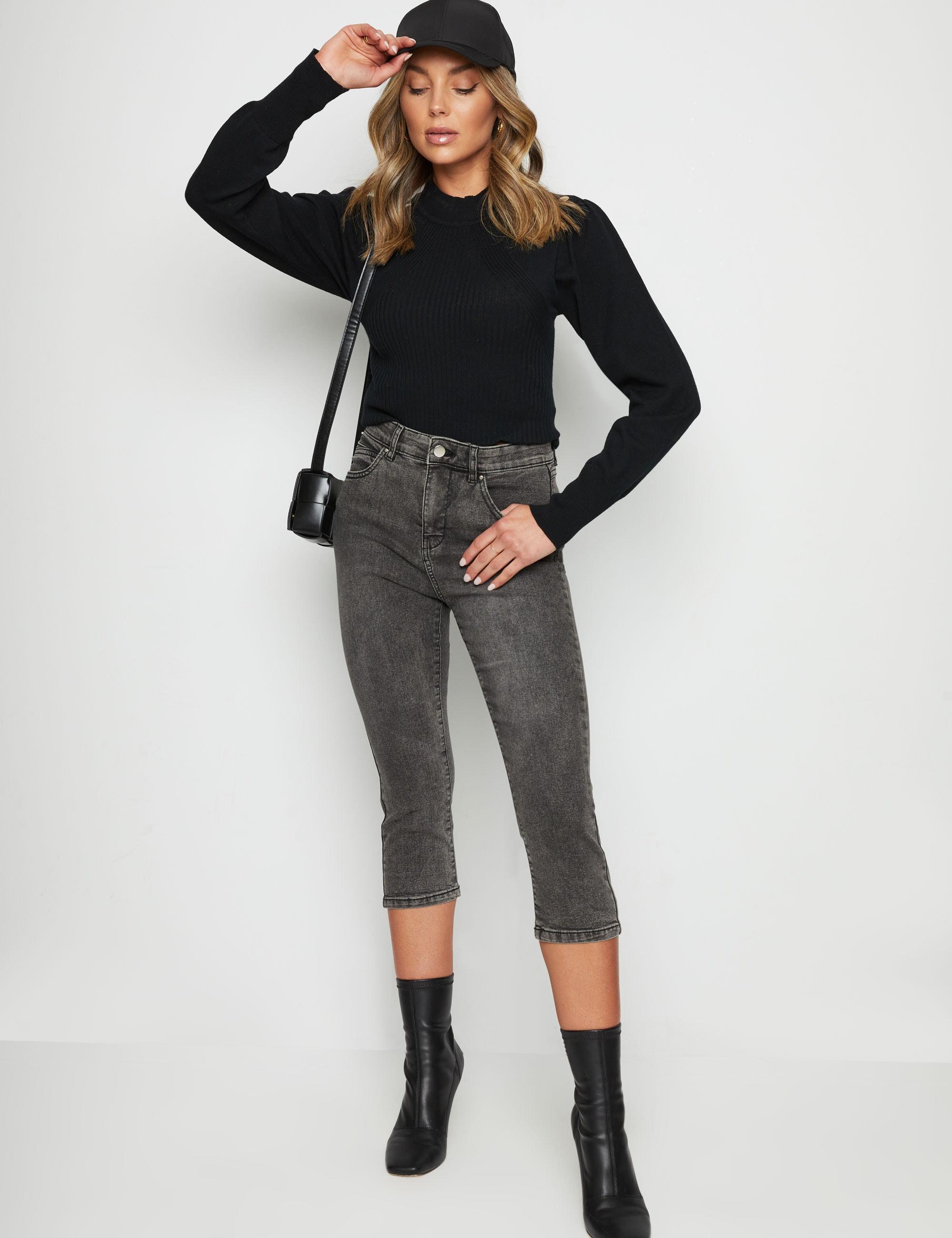 ROCKMANS - Womens Jeans - Grey Cropped - Solid Cotton Pants - Casual Fashion - All Season - Elastane - Comfort Waist - Work Clothes - Office Trousers