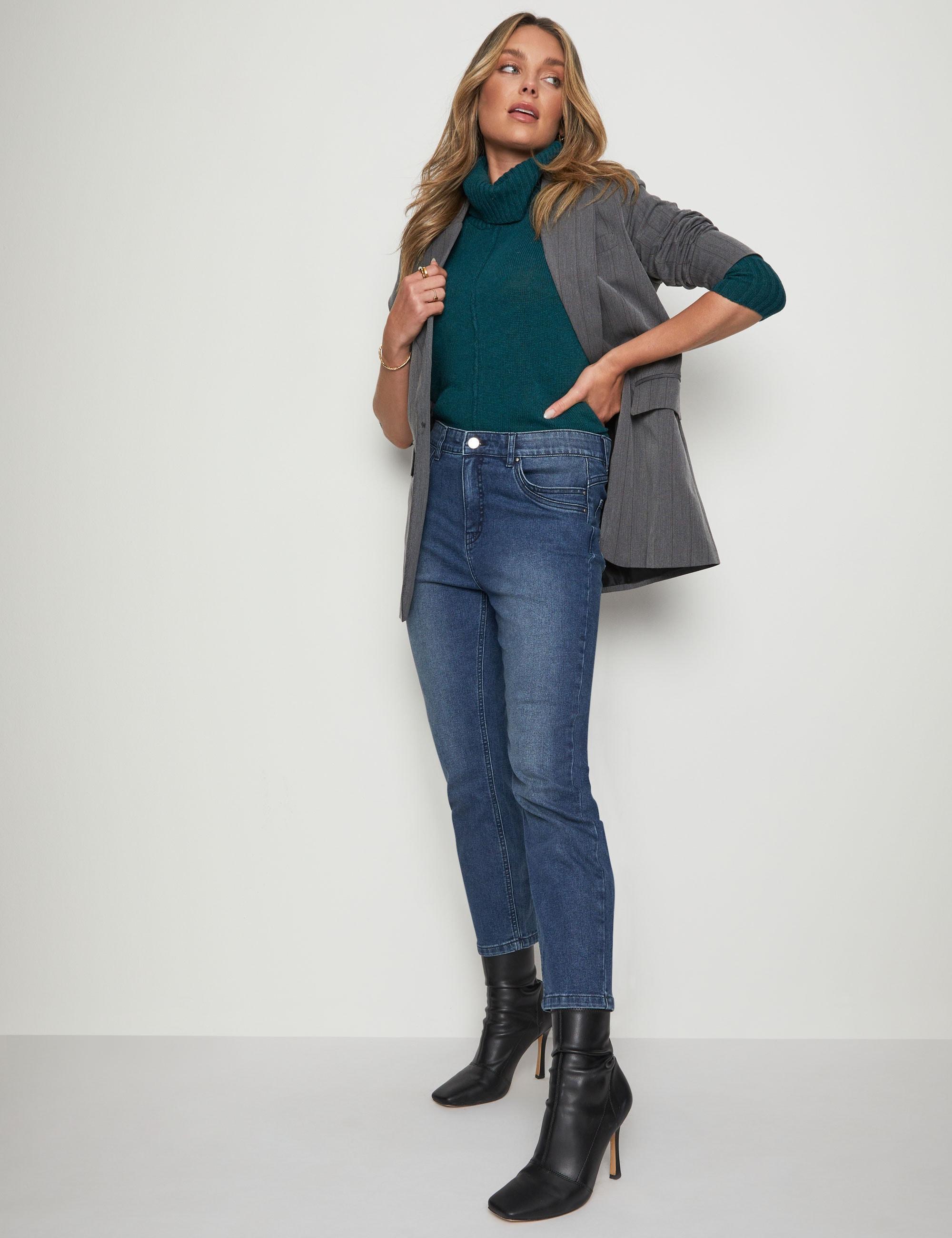 ROCKMANS - Womens Jeans - Blue Cropped - Solid Cotton Pants - Denim Work Clothes - Summer - Mid Wash - Elastane - Fashion Trousers - Office Wear