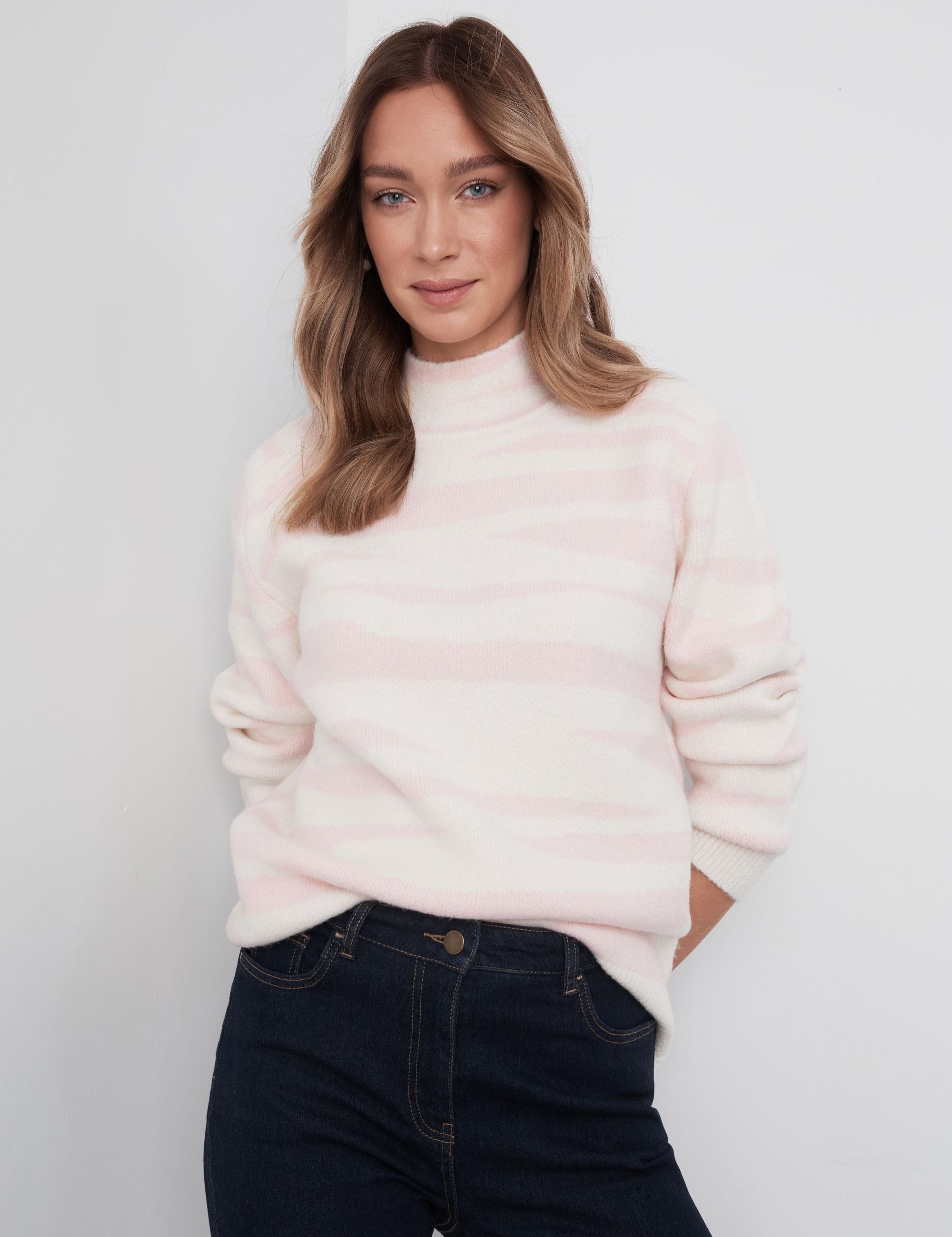 NONI B - Womens Jumper - Regular Winter Sweater - Pink Pullover Zebra Jacquard - Long Sleeve - Chalk Pink Abstract - High Neck - Casual Work Clothing