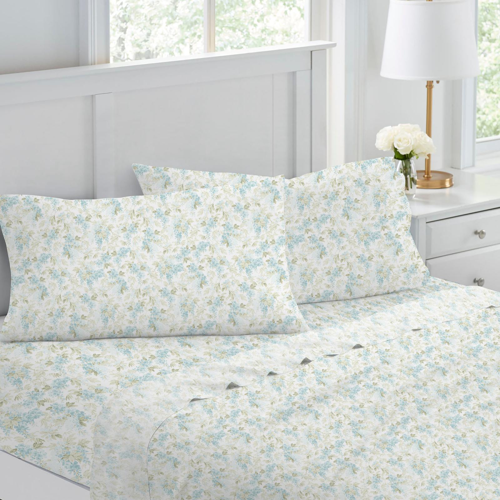 Laura Ashley Rena Printed Queen Bed Sheet Set w/ 2x Pillowcase Home Bedding Teal
