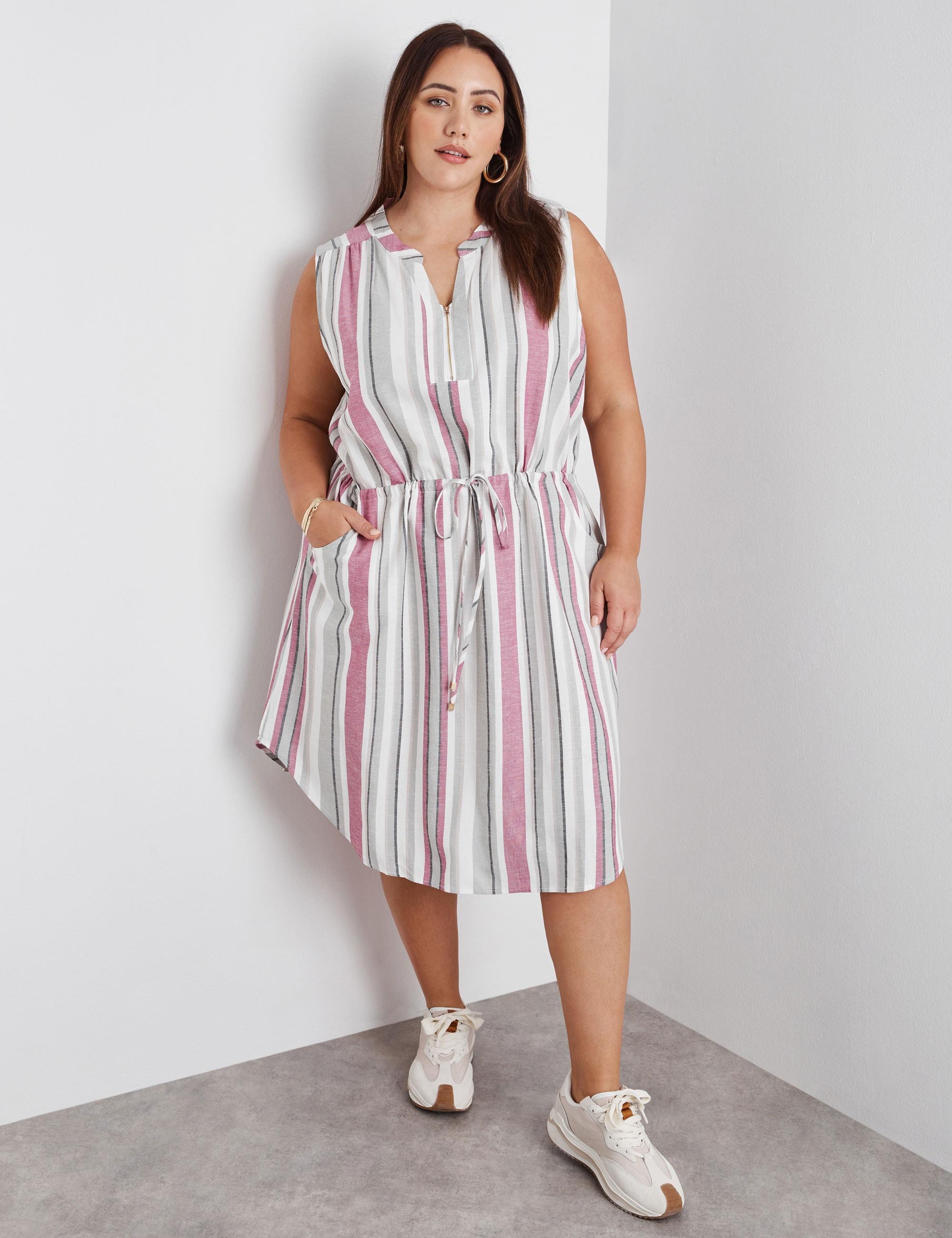 BeMe - Plus Size - Womens Midi Dress - Pink - Summer Linen A Line Dresses - Sleeveless - Stripes - Zipped Detail Double Pocket - Women's Clothing