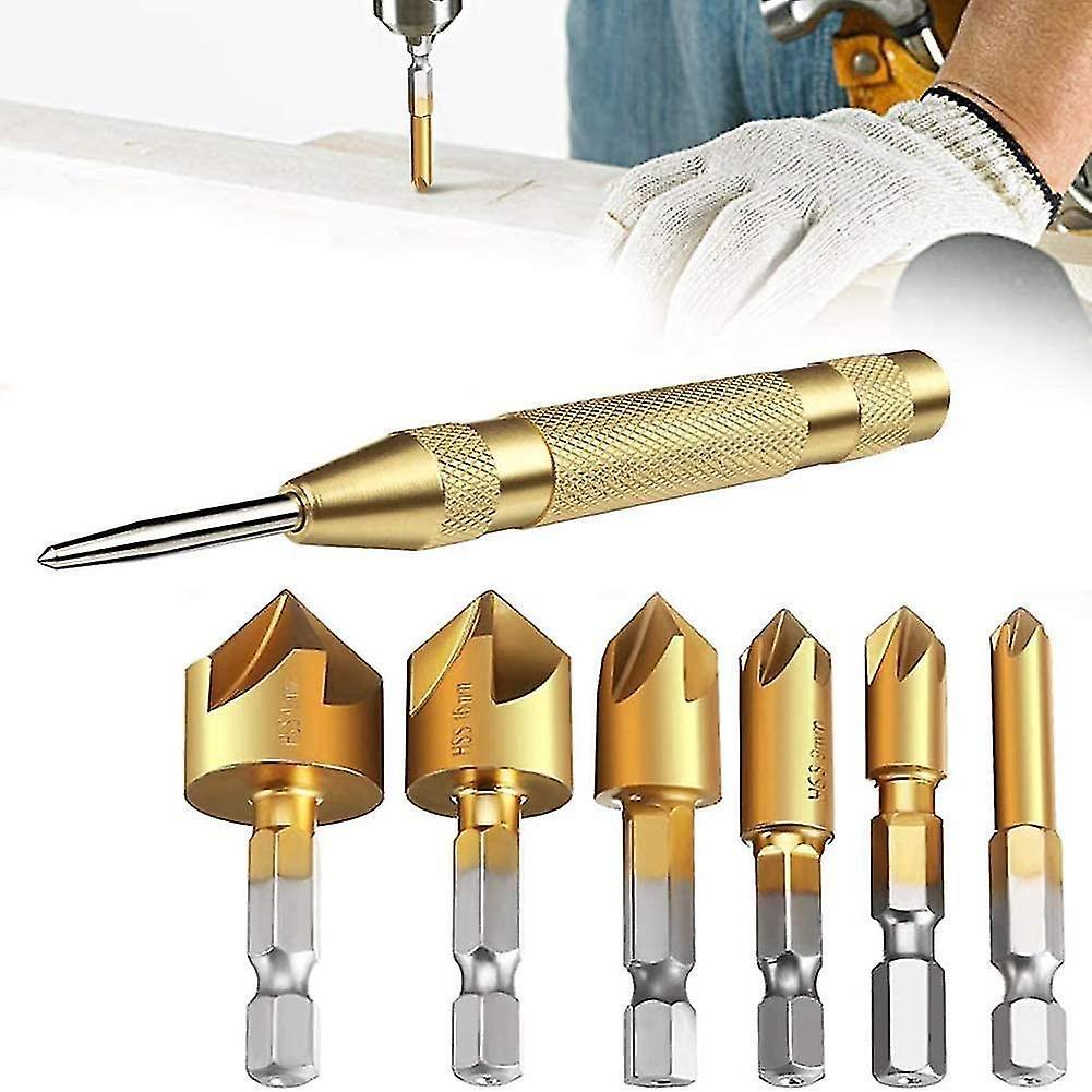6 Pack Hss 5 Hex Shank Countersink Countersink Bits With 5" Auto Center Punch Deburring Tools For Steel Wood Plastic