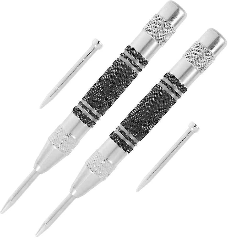 Auto Center Punch, 5.07" Adjustable Punch, Auto Punch Tool For Window, Glass, Wood, Metal With 2 Replacement Tips (130mm)black&silver2set)