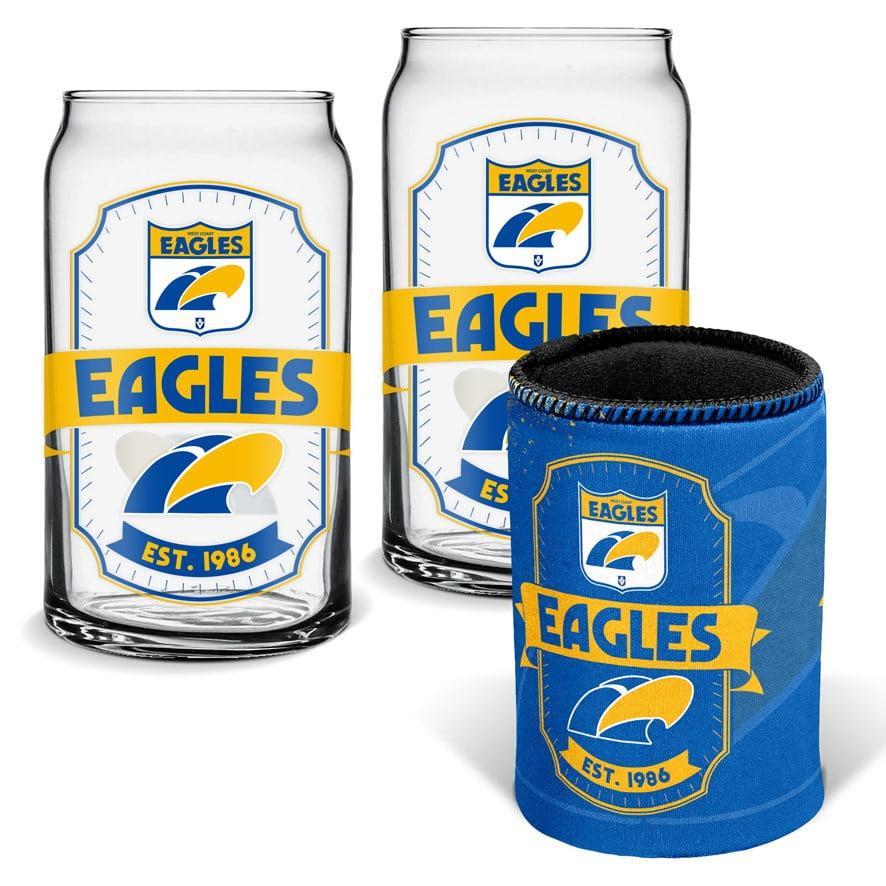 West Coast Eagles AFL Set of 2 Can Shaped Glasses and Can Cooler Gift Set