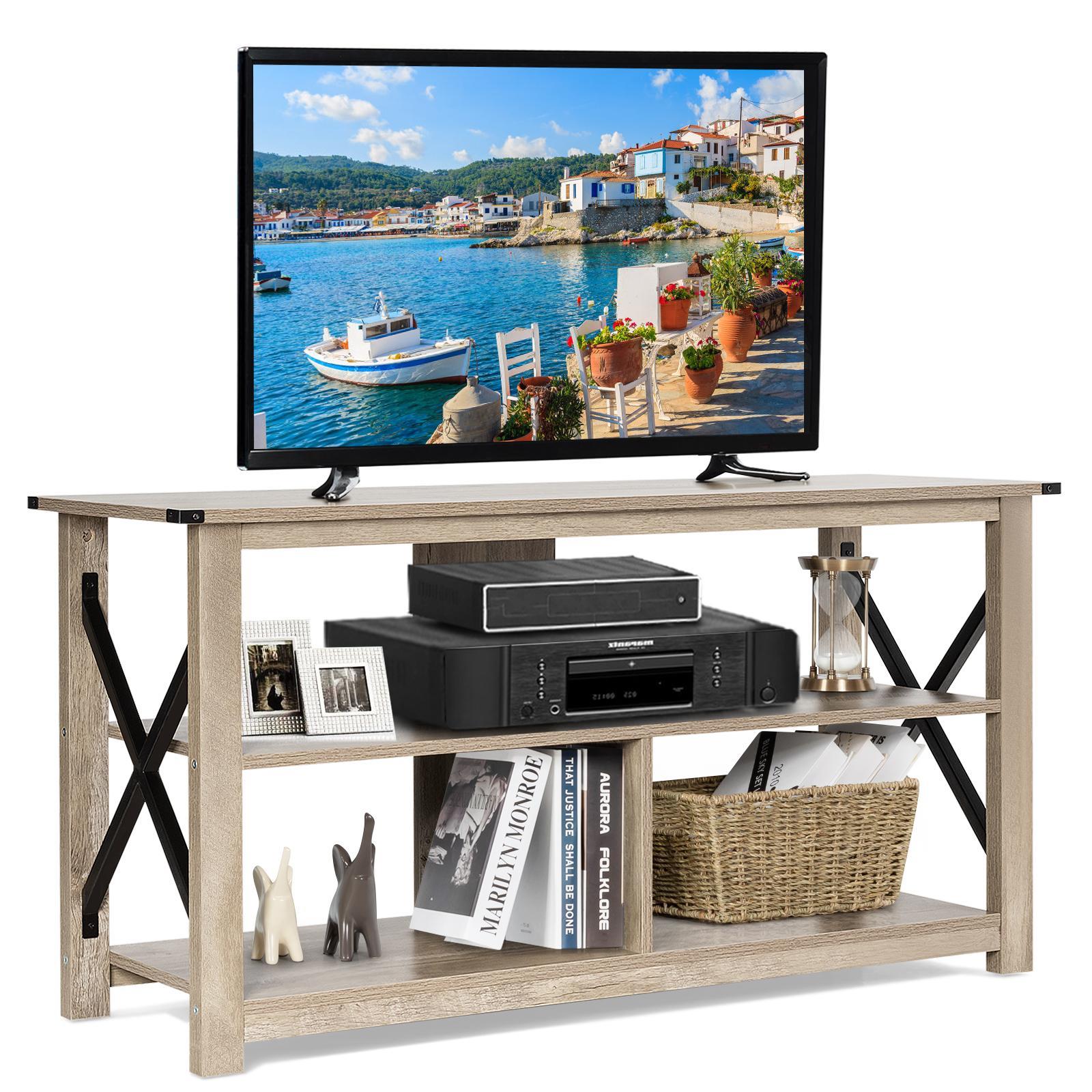 Giantex 3-Tier Modern TV Stand Wooden Entertainment Unit TV Storage Shelves, Grey
