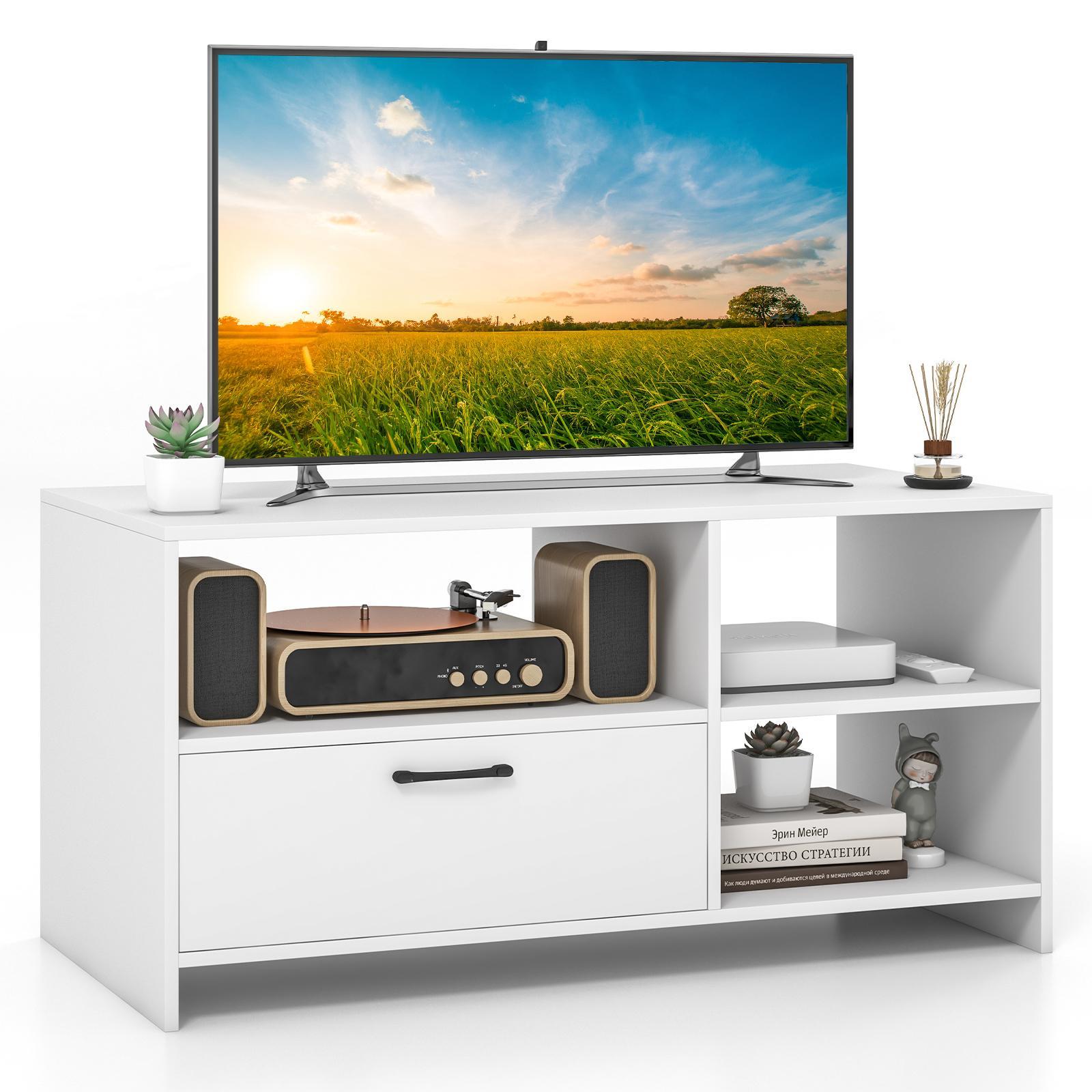 Giantex Wooden TV Stand Entertainment Unit TV Cabinet w/3 Open Shelves & Drawer, White