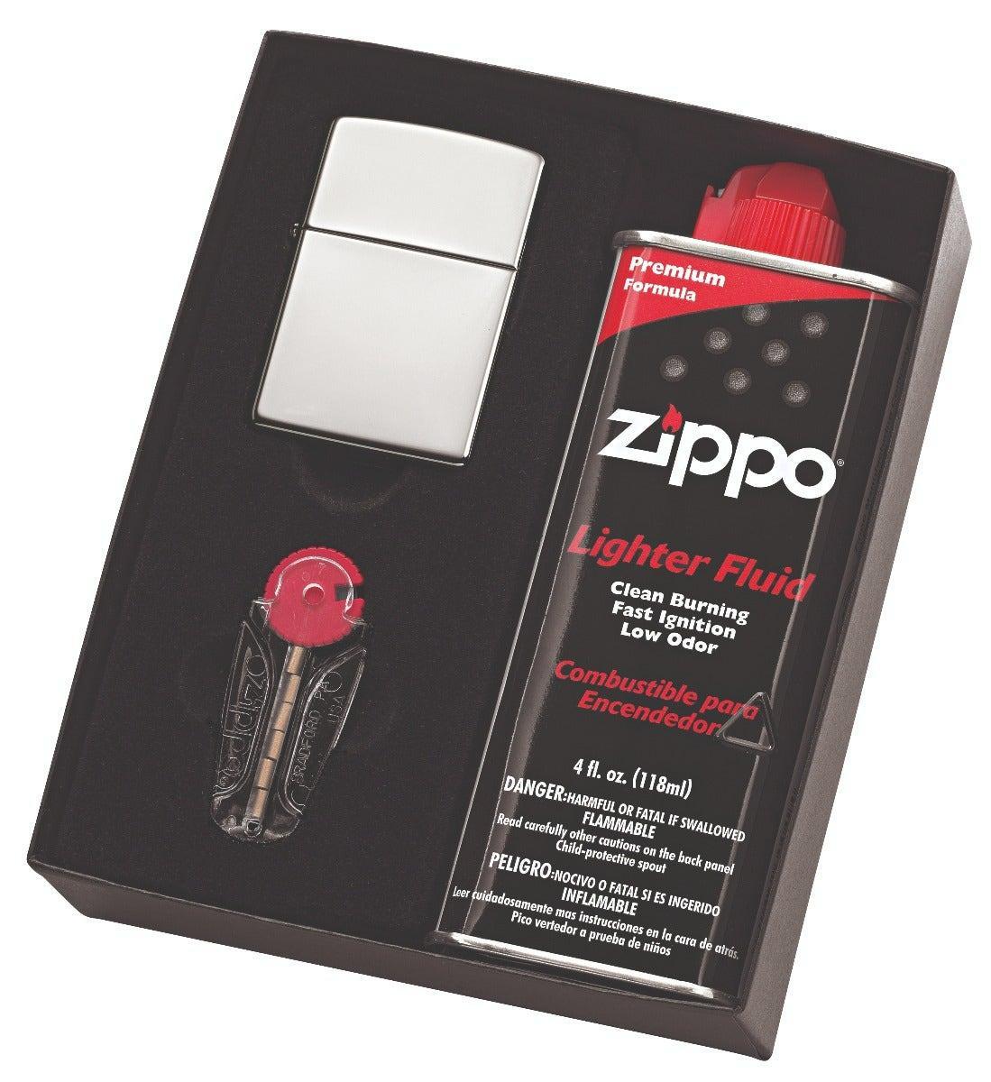 Zippo Polished Chrome Lighter, Fluid & Flint Pack