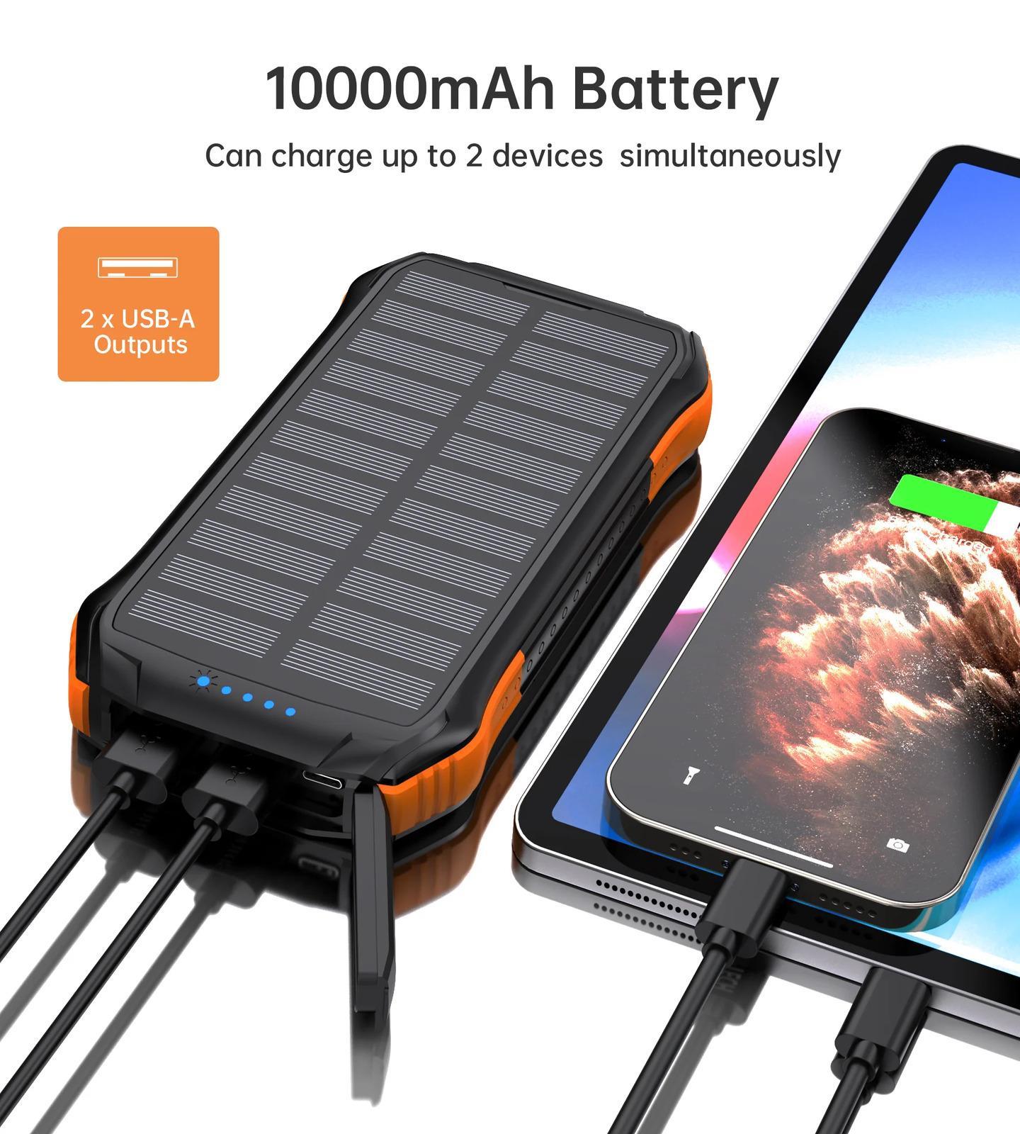 10,000mAh Solar Powered Power Bank 3 Port for Samsung S23 S22 S21 GoPro Tablet