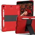 For Apple iPad Air 2 Heavy Duty Kickstand Survivor Case Pencil Holder Cover - Red