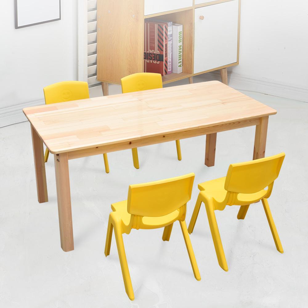 120x60cm Wooden Timber Pinewood Kids Study Table & 4 Yellow Plastic Chairs Set