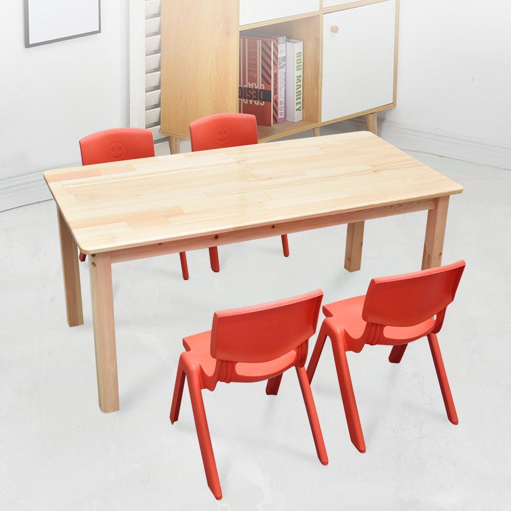 120x60cm Wooden Timber Pinewood Kids Study Table & 4 Red Plastic Chairs Set