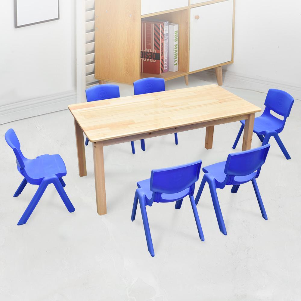 120x60cm Wooden Timber Pinewood Kids Study Table & 6 Blue Plastic Chairs Set