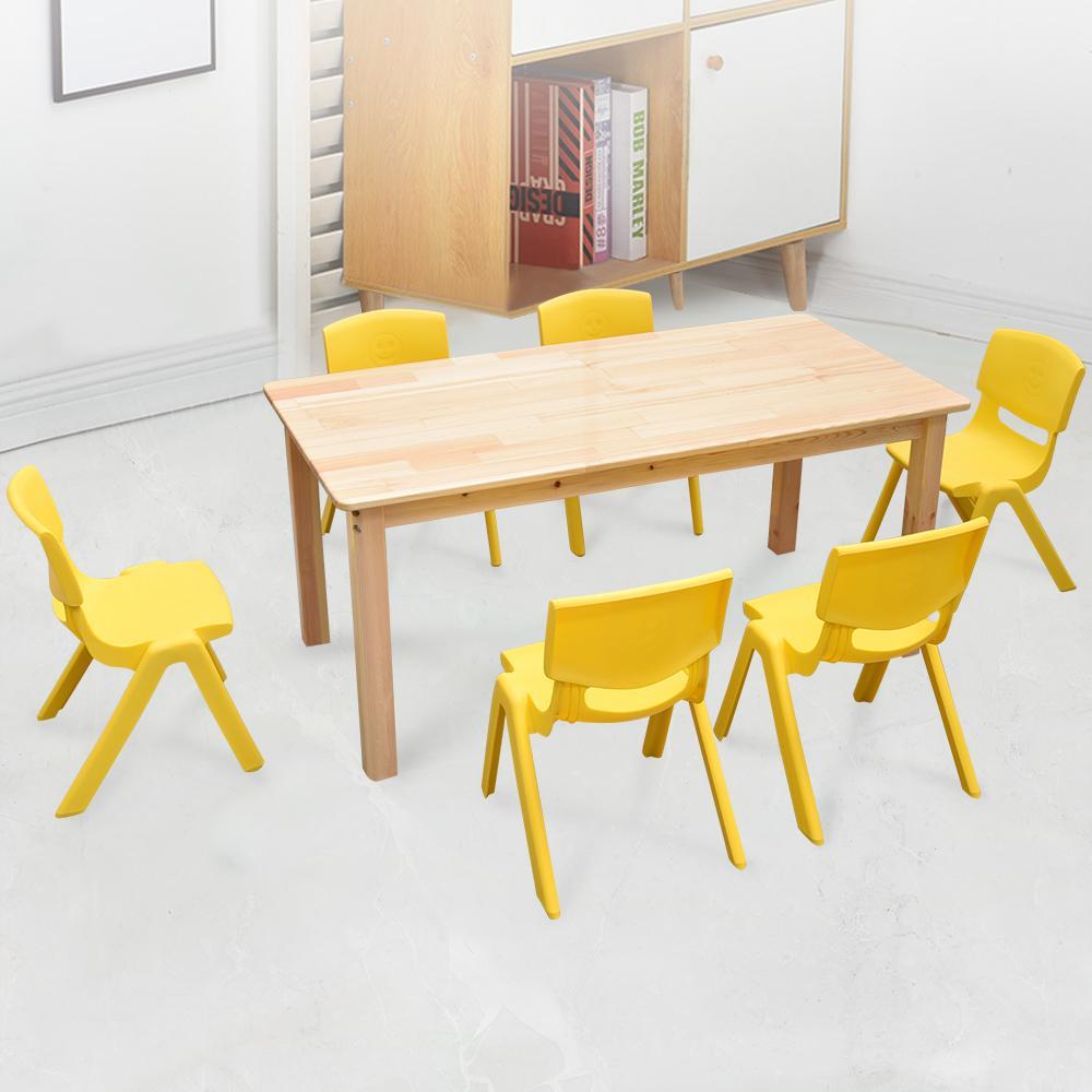 120x60cm Wooden Timber Pinewood Kids Study Table & 6 Yellow Plastic Chairs Set