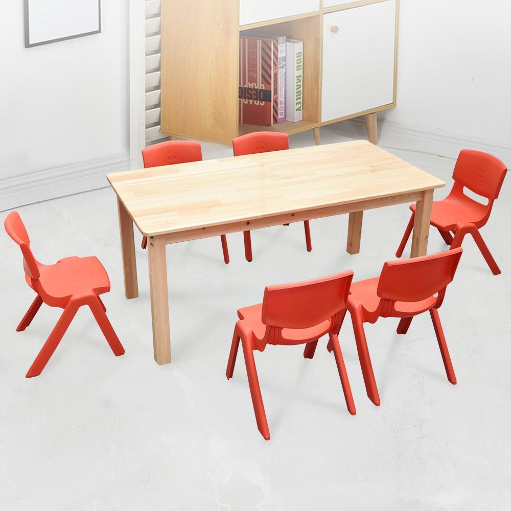 120x60cm Wooden Timber Pinewood Kids Study Table & 6 Red Plastic Chairs Set
