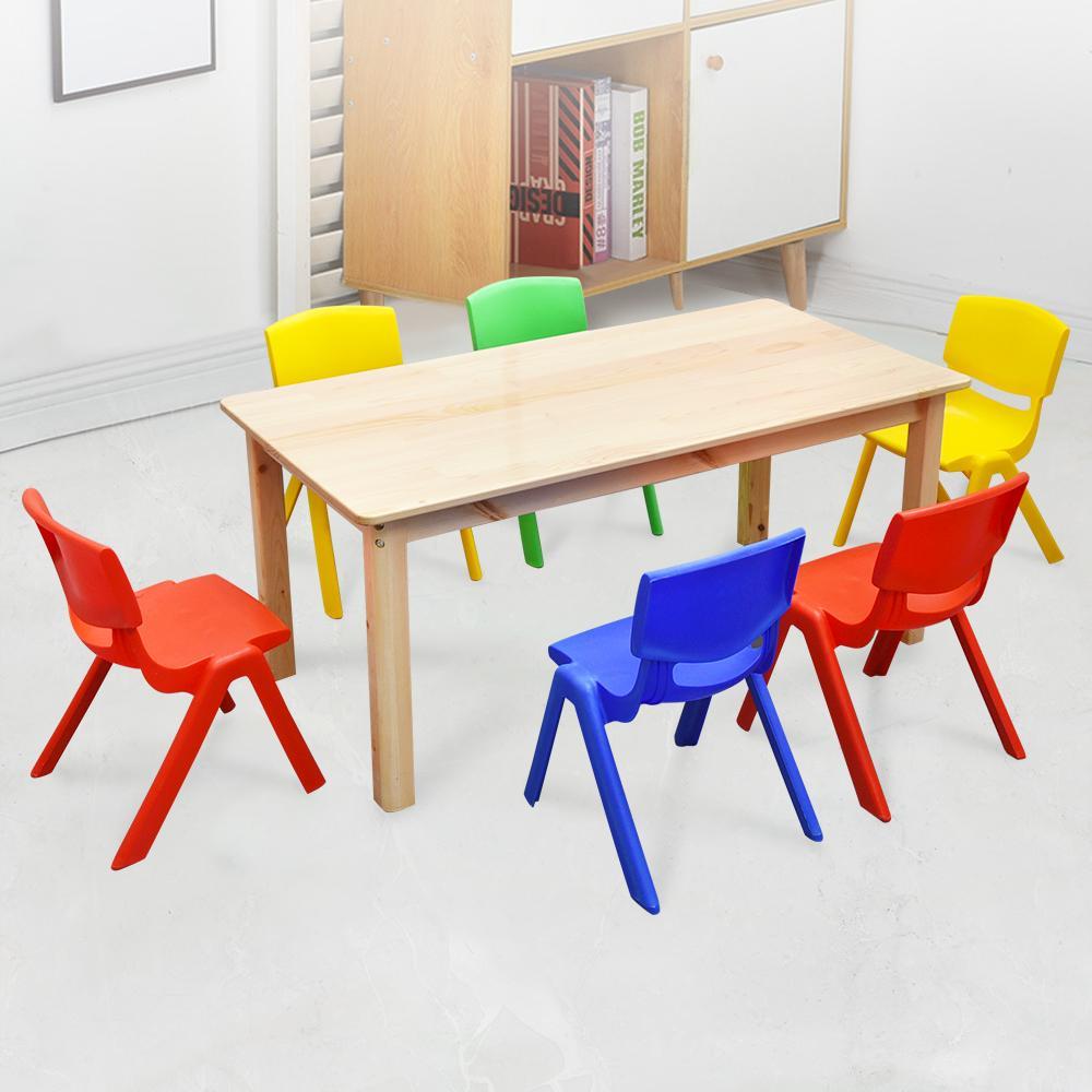 120x60cm Wooden Timber Pinewood Kids Study Table & 6 Mixed Plastic Chairs Set