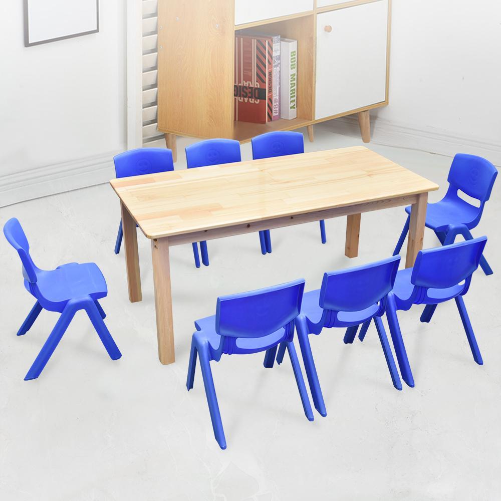120x60cm Wooden Timber Pinewood Kids Study Table & 8 Blue Plastic Chairs Set