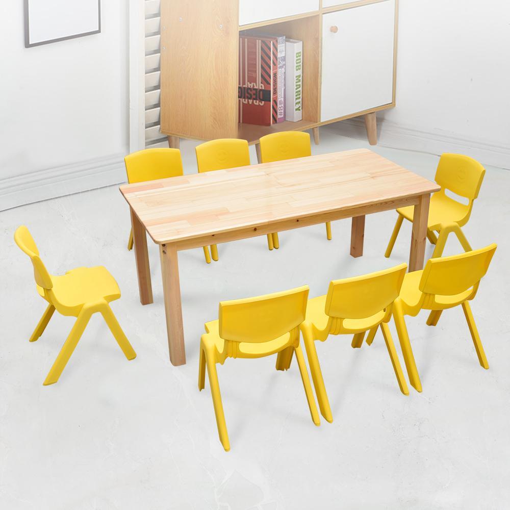 120x60cm Wooden Timber Pinewood Kids Study Table & 8 Yellow Plastic Chairs Set