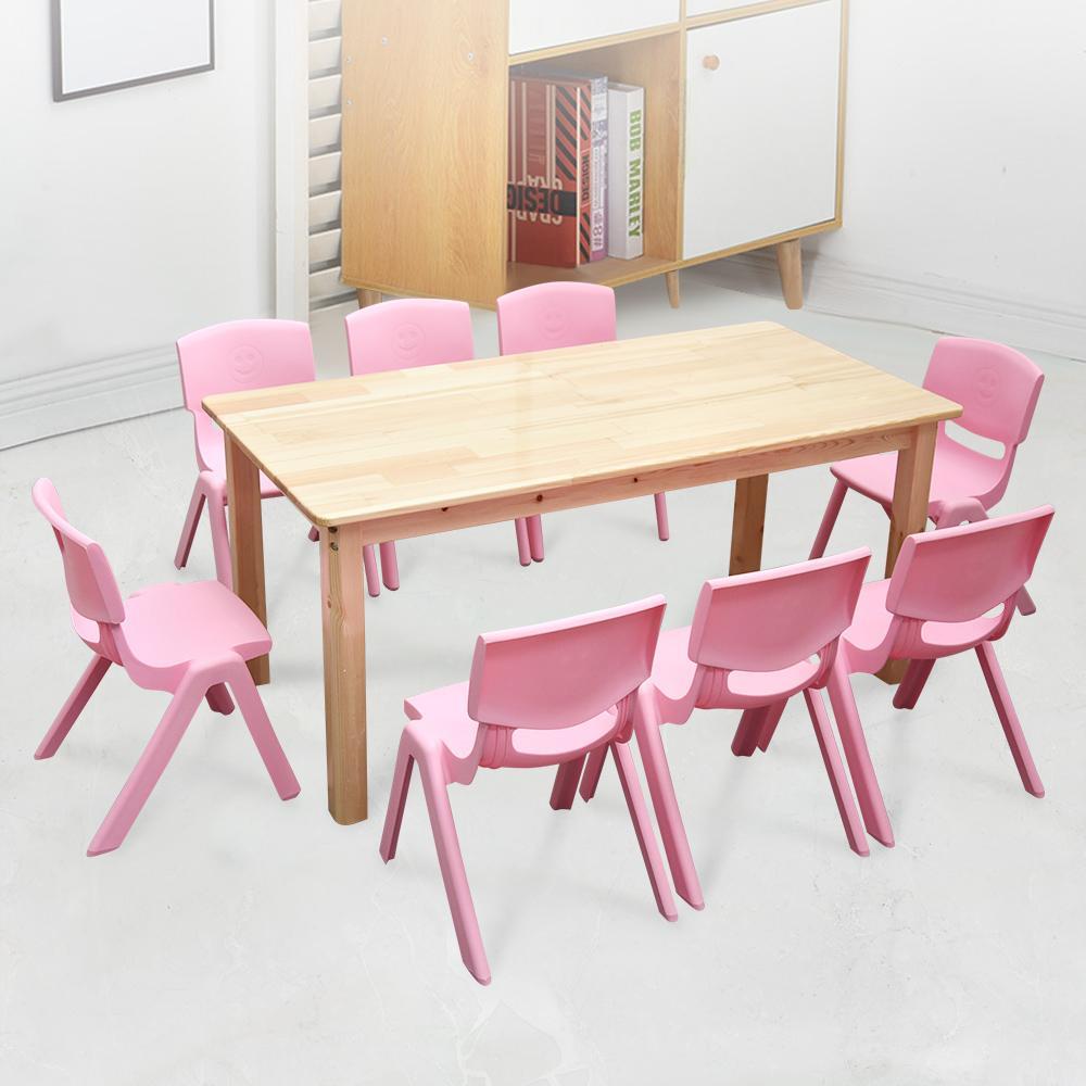 120x60cm Wooden Timber Pinewood Kids Study Table & 8 Pink Plastic Chairs Set