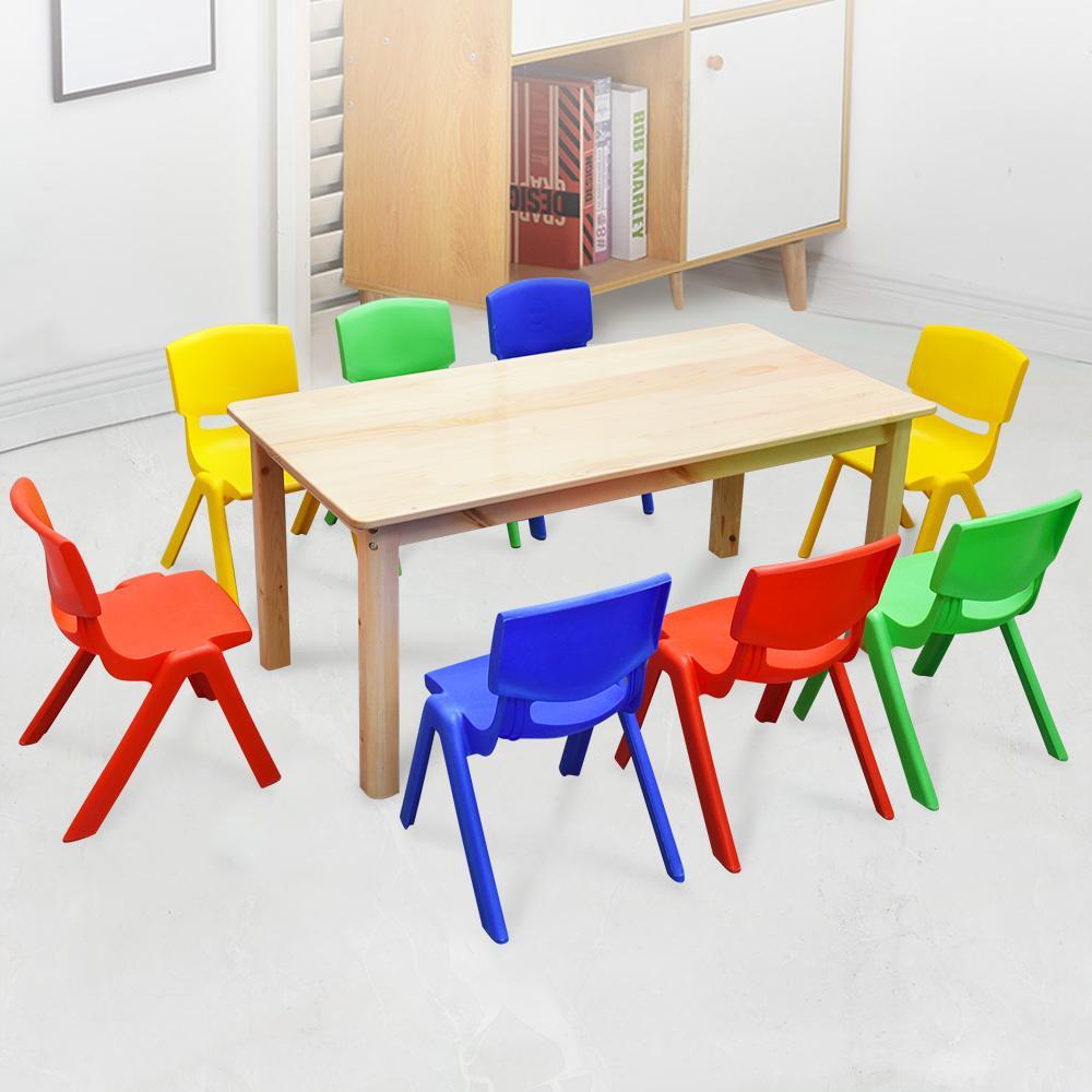 120x60cm Wooden Timber Pinewood Kids Study Table & 8 Mixed Plastic Chairs Set