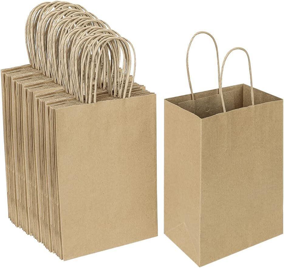 96 x SMALL GIFT BAGS WITH HANDLES 20x15x9cm | Brown Party Favour Bags Mini Paper Bag