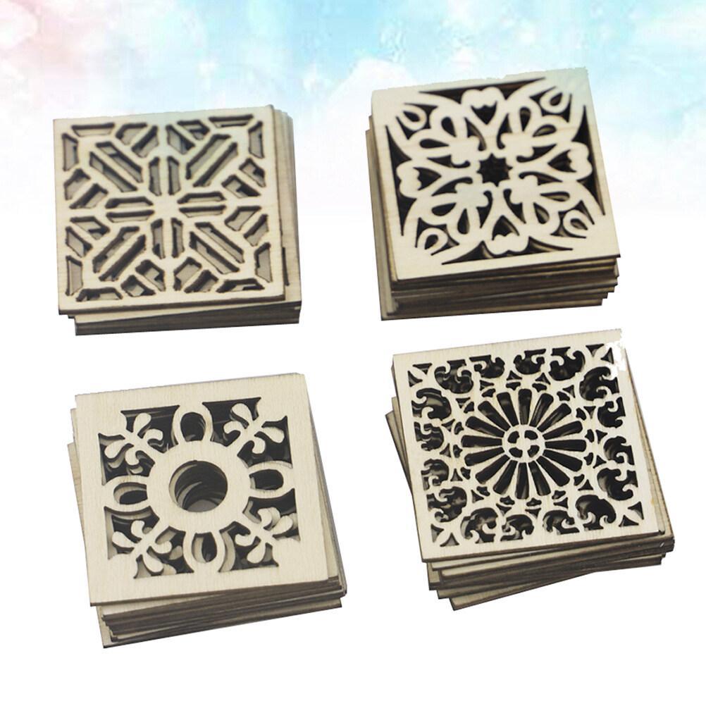 30PCS Retro Square Wood Slice Chinese Style Wooden Frame Patterns Hollow-out Scrapbook Photo Album Decor Manual DIY Wood Pieces Decor Creative DIY Making Wood Crafts for Home Store Wood Color