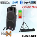E-Lektron EL225-UHF Dual 10 inch Mobile PA Sound System Bluetooth Recoding Battery MP3 USB SD incl. 2 UHF Wireless Microphone 600W Karaoke with Stand